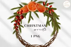 Watercolor Christmas Wreath Clipart. Winter Round Frame PNG Product Image 1