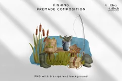 Watercolor Fishing Clipart. Summer Camping Lake Scene PNG Product Image 2