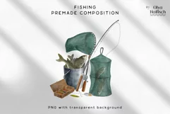 Watercolor Fishing PNG Design. Fishing Net and Fish Clipart Product Image 2