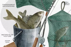 Watercolor Fishing PNG Design. Fishing Net and Fish Clipart Product Image 3