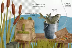 Watercolor Fishing Clipart. Summer Camping Lake Scene PNG Product Image 3