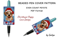 Beaded pen wrap pattern with a Christmas puppy in Santa hat, hearts, and LOVE text, designed for peyote stitch with Delica beads.