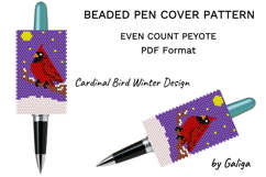 Beaded peyote pen cover pattern with red cardinal on snowy branch and starry night background