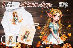 Cute watercolor girl elf autumn sublimation design png Product Image 1