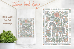 Cute pastel folk horse floral pattern kitchen towel design Product Image 1