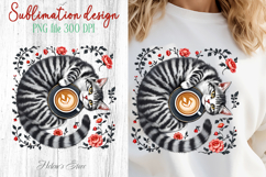 Coffee &amp; cat in flowers sublimation design| Cute cat clipart Product Image 1
