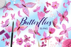Pink Watercolor Butterflies PNG Clipart Product Image 1