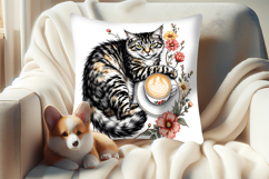 Coffee and cat in flowers sublimation pillow case designs Product Image 3