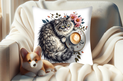 Coffee and cat in flowers sublimation pillow case designs Product Image 4