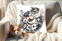 Coffee and cat in flowers sublimation pillow case designs Product Image 5