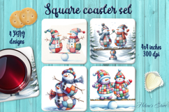Patchwork snowman Christmas square coaster sublimation png Product Image 1