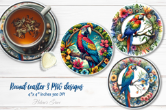 Macaw parrot in floral frame round coaster sublimation png Product Image 1