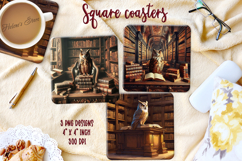 Owl in wood vintage library square coaster sublimation png Product Image 1