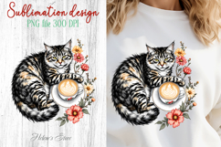 Coffee &amp; cat in flowers sublimation design| Cute cat clipart Product Image 1