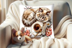 Coffee and cat in flowers sublimation pillow case designs Product Image 2