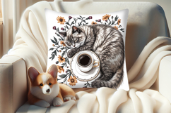 Coffee and cat in flowers sublimation pillow case designs Product Image 3