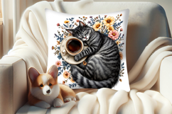 Coffee and cat in flowers sublimation pillow case designs Product Image 5