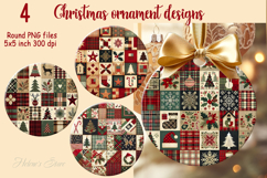 Christmas patchwork round ornament sublimation designs PNG Product Image 1