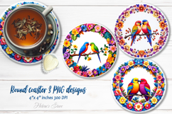 Cute birds in floral frame round coaster sublimation designs Product Image 1