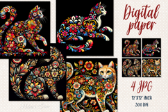 Folk floral cat black digital papers jpeg | Scrap booking Product Image 1
