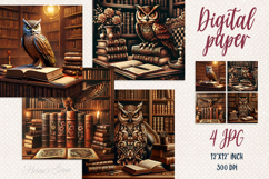 Owl in wooden library digital papers | Scrap booking jpeg Product Image 1