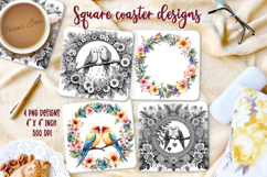 Lover birds on round floral frame square coaster design png Product Image 1