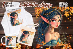 Cute watercolor girl elf autumn sublimation design png Product Image 1