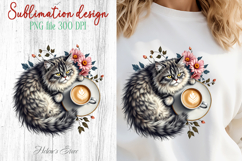 Coffee &amp; cat in flowers sublimation design| Cute cat clipart Product Image 1