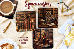 Owl in wood vintage library square coaster sublimation png Product Image 1