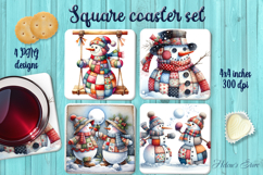 Patchwork snowman Christmas square coaster sublimation png Product Image 1