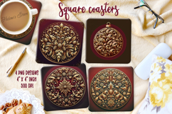 Vintage Christmas golden pattern square coasters sublimation Product Image 1