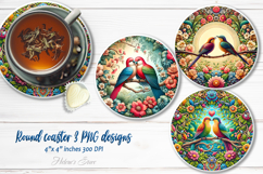 Cute birds in floral frame round coaster sublimation designs Product Image 1