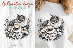 Coffee &amp; cat in flowers sublimation design| Cute cat clipart Product Image 1