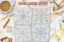Pastel floral retro folk tile pattern square coaster designs Product Image 1
