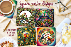 Lover birds on round floral frame square coaster design png Product Image 1