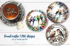 Cute birds in floral frame round coaster sublimation designs Product Image 1