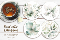Watercolor Green Leaves round coaster sublimation designs Product Image 1