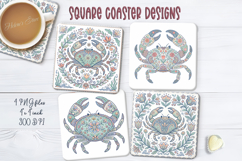 Crab Ocean retro folk tile pattern square coaster designs Product Image 1