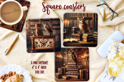 Owl in wood vintage library square coaster sublimation png Product Image 1