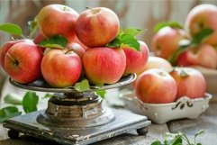 Fresh apples on vintage scale in rustic setting Product Image 1