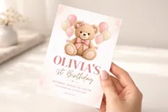 Blush Pink Teddy Bear Birthday Invitation Canva Template Product Image 5