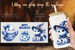 Cute Halloween cat &amp; ghost Libbey Can Glass Wrap 16oz design Product Image 1