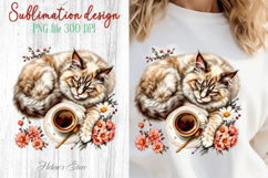 Coffee &amp; cat in flowers sublimation design| Cute cat clipart Product Image 1