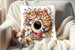 Coffee and cat in flowers sublimation pillow case designs Product Image 2