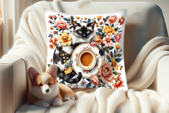 Coffee and cat in flowers sublimation pillow case designs Product Image 4