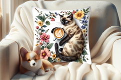 Coffee and cat in flowers sublimation pillow case designs Product Image 5