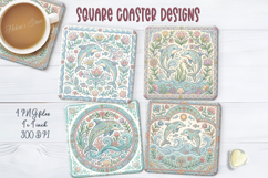 Dolphin Ocean retro folk tile pattern square coasters png Product Image 1