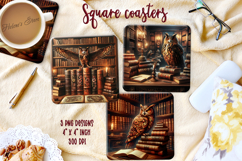 Owl in wood vintage library square coaster sublimation png Product Image 1