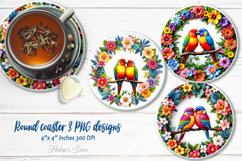 Cute birds in floral frame round coaster sublimation designs Product Image 1