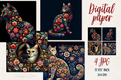 Folk floral cat black digital papers jpeg | Scrap booking Product Image 1